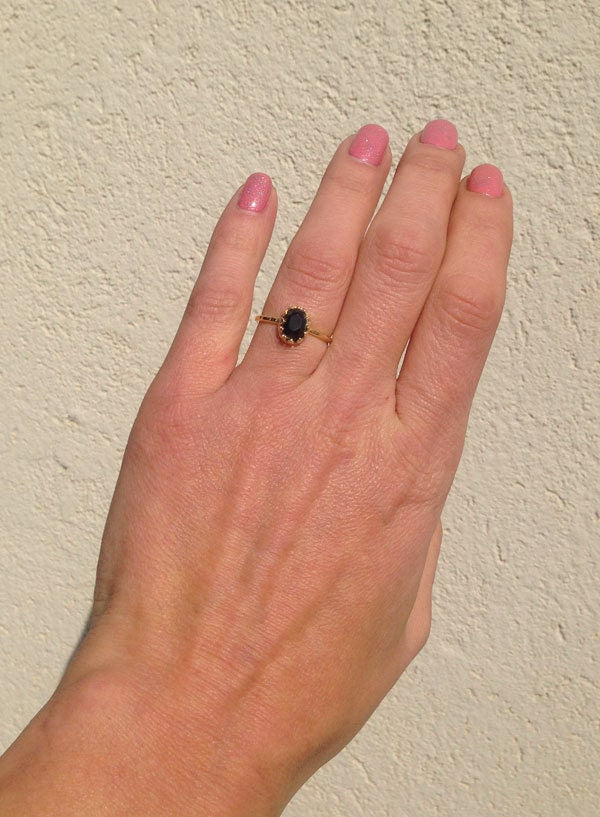 Black Onyx Ring - December Birthstone - Delicate Hammered Oval Crown Ring with Black Onyx Gemstone - H.L.Jewelry