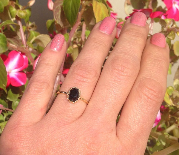 Black Onyx Ring - December Birthstone - Delicate Hammered Oval Crown Ring with Black Onyx Gemstone - H.L.Jewelry