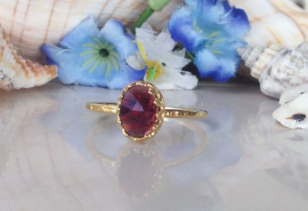 Red Garnet Ring - Genuine Gemstone - January Birthstone - Stacking Ring - Gold Ring - Red Ring - Hammered Ring - Simple Jewelry - Bezel Ring - H.L.Jewelry