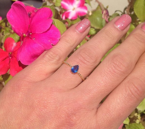 Blue Sapphire Ring - September Birthstone - Tiny Stacking Ring with Pear-Shaped Blue Sapphire Gemstone - H.L.Jewelry