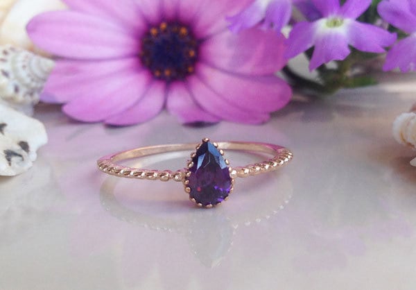 Purple Amethyst Ring - February Birthstone - Simple Delicate Ring with Pear-Shaped Purple Amethyst Gemstone - H.L.Jewelry