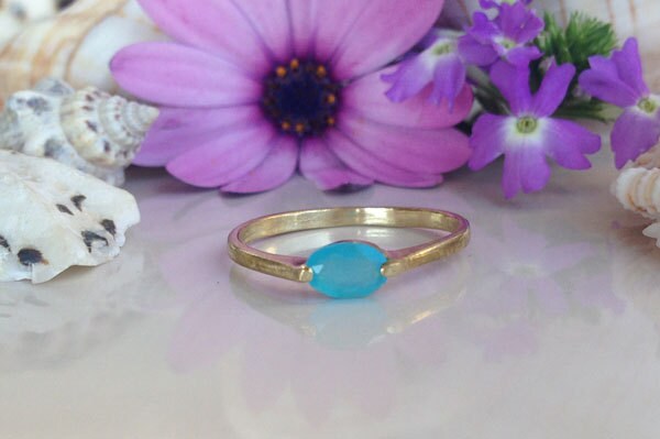 Blue Chalcedony Ring - Delicate Simple Ring with Blue Chalcedony Gemstone - H.L.Jewelry