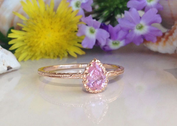 Rose Quartz Ring - October Birthstone - Tiny Ring - Gold Ring - Teardrop Ring - H.L.Jewelry