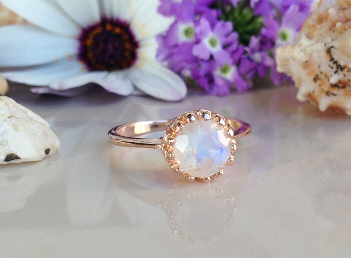 Rainbow Moonstone Ring - June Birthstone - Rainbow Moonstone Round Crown Ring - H.L.Jewelry