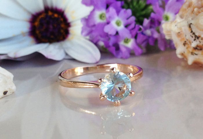 Aquamarine Ring - March Birthstone Jewelry - Solitaire Ring with Round Amethyst Gemstone - H.L.Jewelry