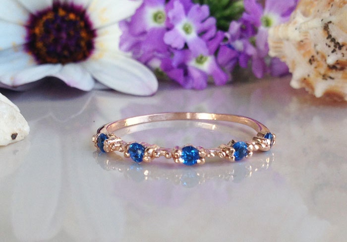 Blue Topaz Ring - December Birthstone - Stacking Ring with Five Round Blue Topaz Gemstones - H.L.Jewelry