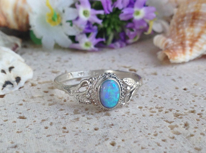 Blue Opal Ring - October Birthstone - Delicate Lace Ring with Oval Blue Opal Stone and Leaves Accents - H.L.Jewelry