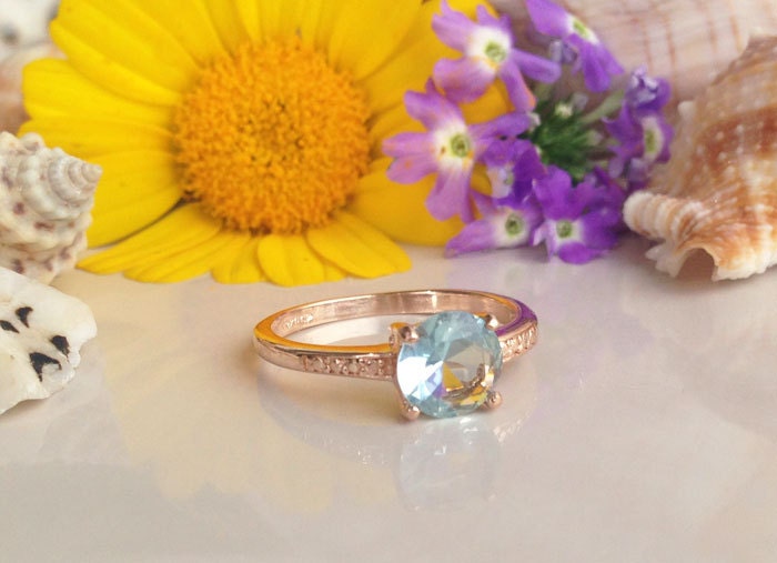 Aquamarine Ring - March Birthstone - Simple Prong-Set Ring with Round Aquamarine Gemstone - H.L.Jewelry