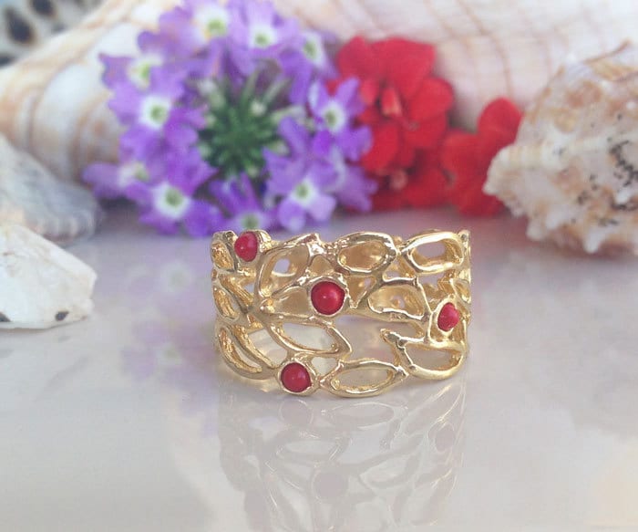 Carnelian Ring - Lace Wide Band Ring with 4 Small Carnelian Gemstones - H.L.Jewelry