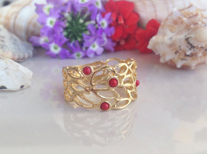 Carnelian Ring - Lace Wide Band Ring with 4 Small Carnelian Gemstones - H.L.Jewelry