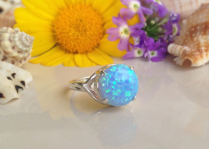 Blue Opal Ring - October Birthstone - Round Blue Opal Gemstone Statement Ring - H.L.Jewelry