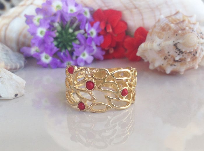 Carnelian Ring - Lace Wide Band Ring with 4 Small Carnelian Gemstones - H.L.Jewelry