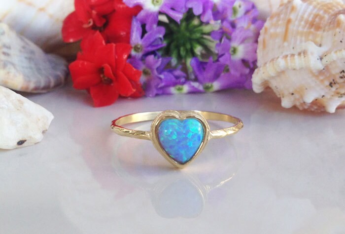 Blue Opal Ring - October Birthstone - Heart Blue Opal Delicate Hammered Band Ring - H.L.Jewelry