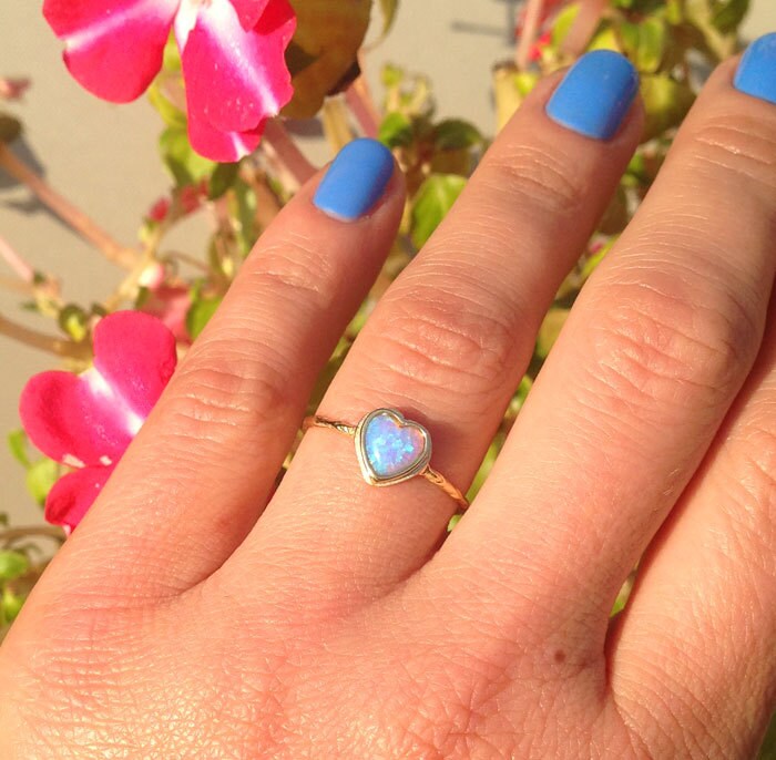 Blue Opal Ring - October Birthstone - Heart Blue Opal Delicate Hammered Band Ring - H.L.Jewelry