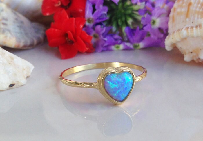 Blue Opal Ring - October Birthstone - Heart Blue Opal Delicate Hammered Band Ring - H.L.Jewelry