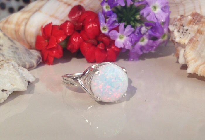 White Opal Ring - Round White Opal Gemstone Statement Ring - H.L.Jewelry