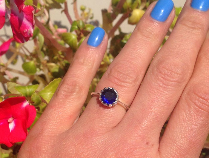 Blue Sapphire Ring - September Birthstone - Blue Sapphire Gemstone Round Crown Ring - H.L.Jewelry