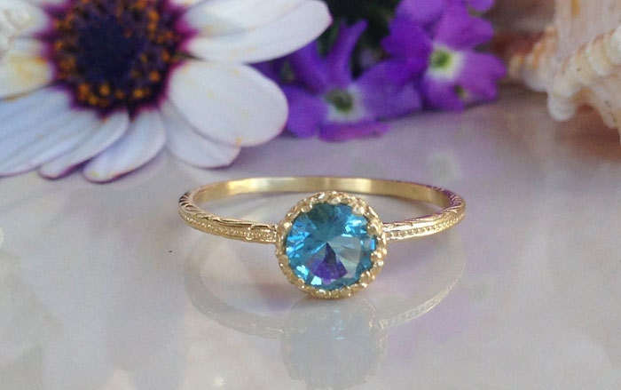 Blue Topaz Ring - December Birthstone - Delicate Hammered Ring with Round Blue Topaz Gemstone - H.L.Jewelry