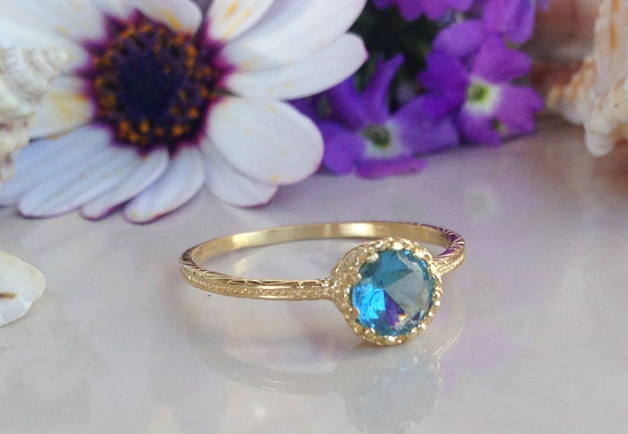 Blue Topaz Ring - December Birthstone - Delicate Hammered Ring with Round Blue Topaz Gemstone - H.L.Jewelry