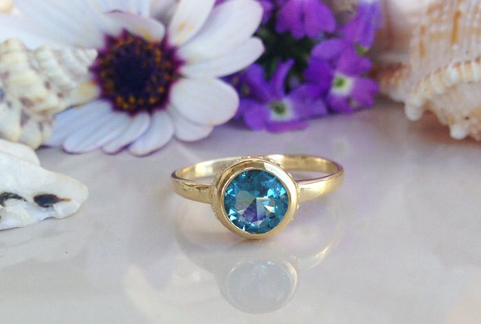 Blue Topaz Ring - December Birthstone - Simple Bezel Set Ring with Round Blue Topaz Gemstone - H.L.Jewelry