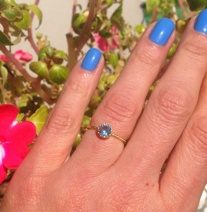 Blue Topaz Ring - December Birthstone - Delicate Hammered Ring with Round Blue Topaz Gemstone - H.L.Jewelry