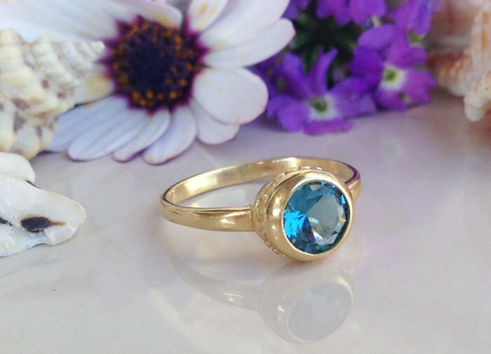 Blue Topaz Ring - December Birthstone - Simple Bezel Set Ring with Round Blue Topaz Gemstone - H.L.Jewelry