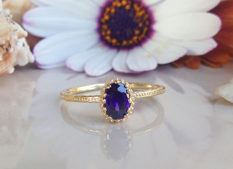 Amethyst Ring - February Birthstone - Delicate Hammered Ring with Tiny Oval Amethyst - H.L.Jewelry