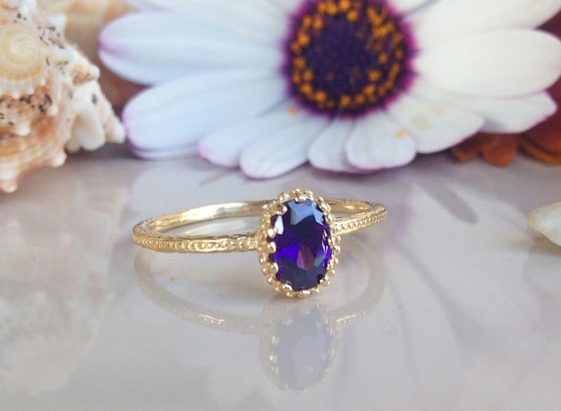 Amethyst Ring - February Birthstone - Delicate Hammered Ring with Tiny Oval Amethyst - H.L.Jewelry