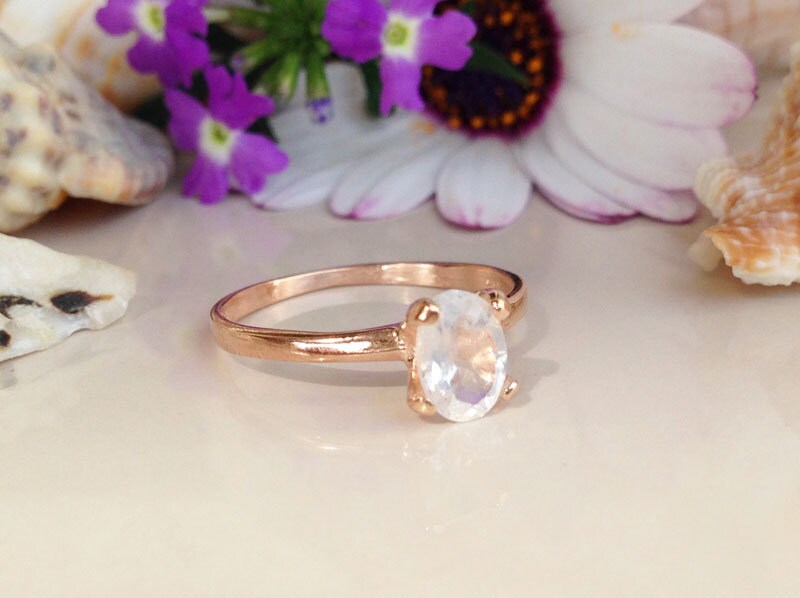 Rainbow Moonstone Ring - June Birthstone - Solitaire Ring with Oval Rainbow Moonstone - H.L.Jewelry