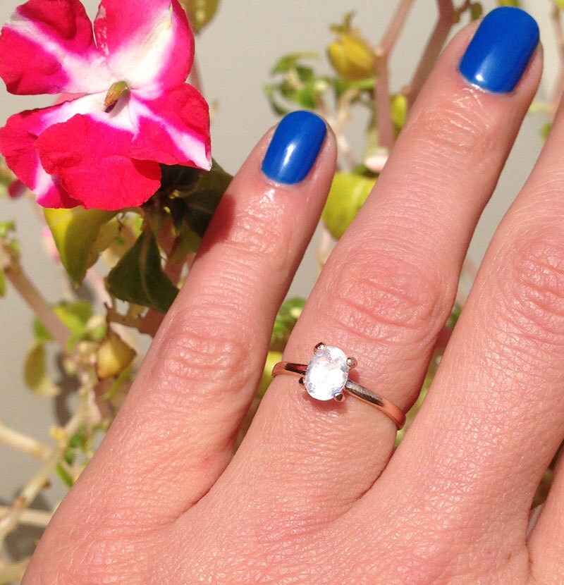 Rainbow Moonstone Ring - June Birthstone - Solitaire Ring with Oval Rainbow Moonstone - H.L.Jewelry