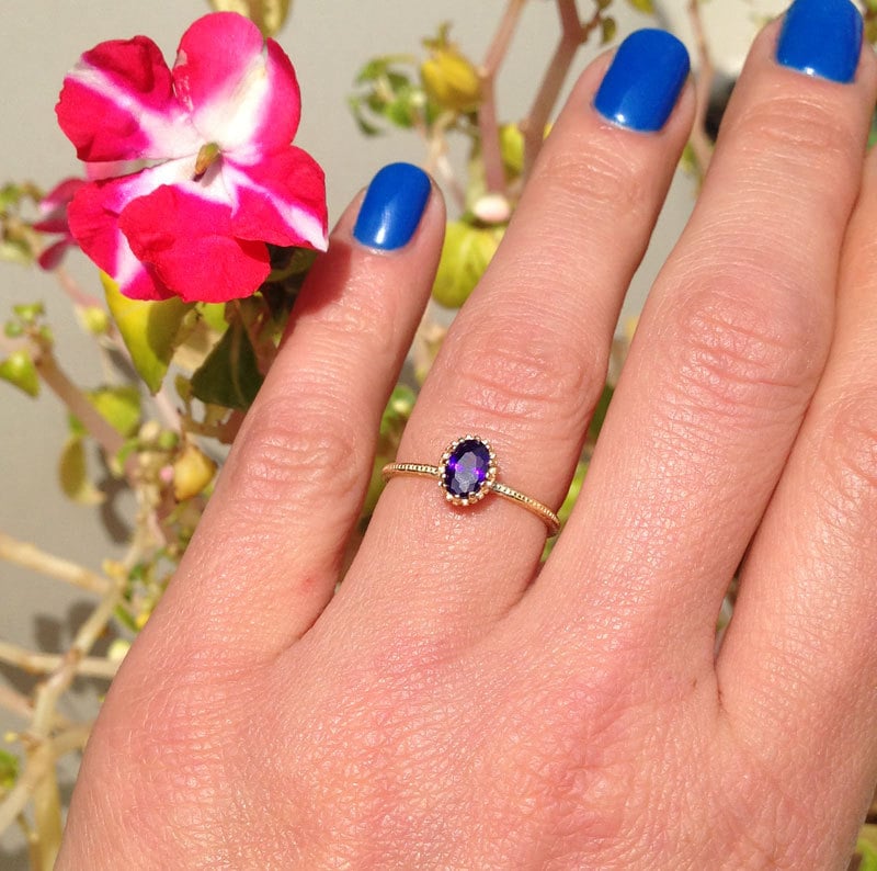 Amethyst Ring - February Birthstone - Delicate Hammered Ring with Tiny Oval Amethyst - H.L.Jewelry