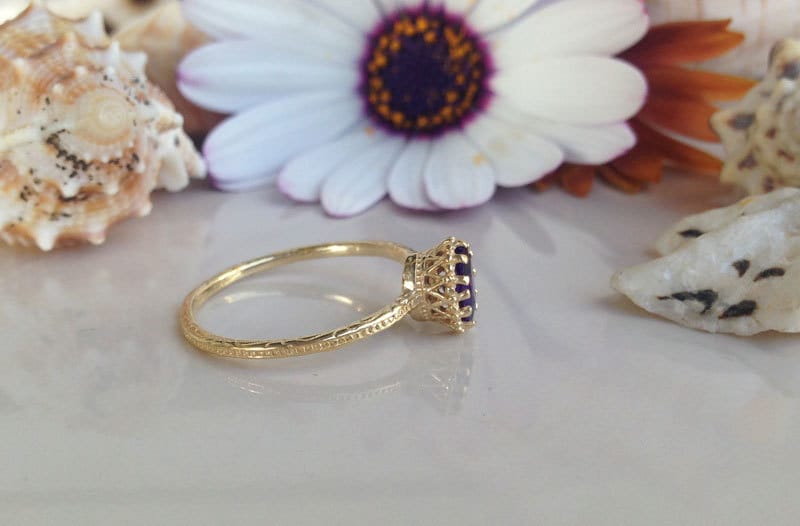 Amethyst Ring - February Birthstone - Delicate Hammered Ring with Tiny Oval Amethyst - H.L.Jewelry