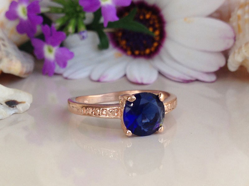 Blue Sapphire Ring - September Birthstone - Round Blue Sapphire Gemstone Simple Ring with Imitation Stones - H.L.Jewelry