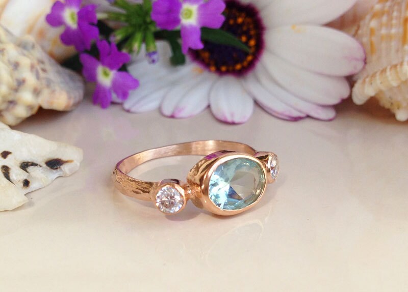 Aquamarine Ring - March Birthstone - Oval Aquamarine Ring and Clear Quartz Accents - H.L.Jewelry