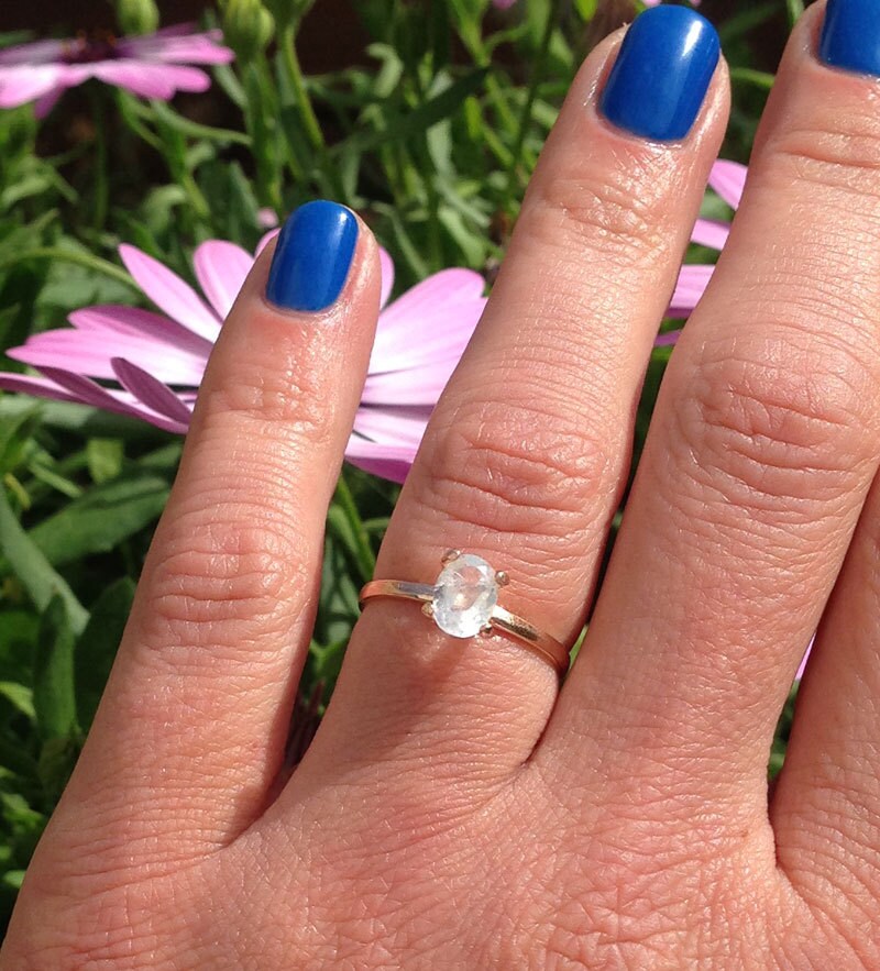 Rainbow Moonstone Ring - June Birthstone - Solitaire Ring with Oval Rainbow Moonstone - H.L.Jewelry