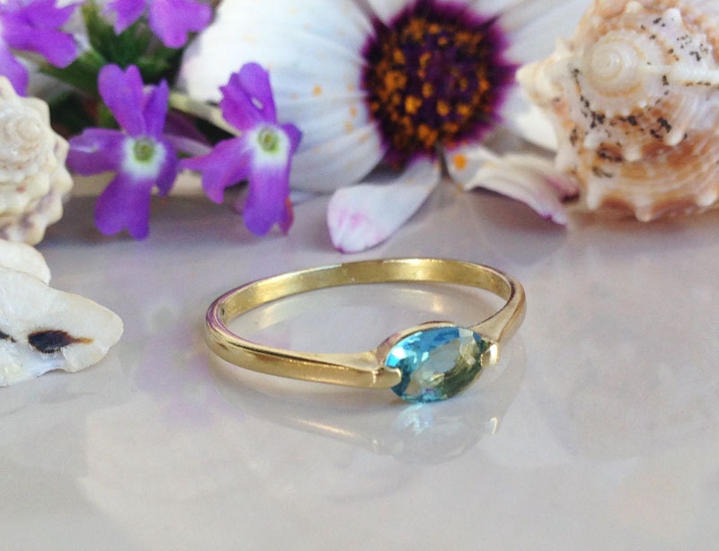 Blue Topaz Ring - December Birthstone - Tiny Delicate Oval Blue Topaz Gemstone Simple Ring - H.L.Jewelry