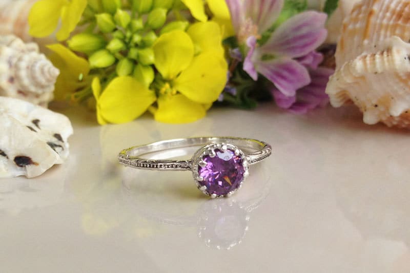 Amethyst Ring - February Birthstone - Delicate Hammered Ring with Round Amethyst Gemstone - H.L.Jewelry