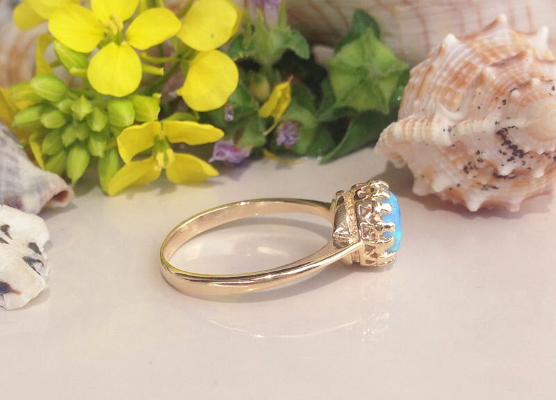 Blue Opal Ring - October Birthstone - Beautiful Blue Opal Gemstone Round Crown Ring - H.L.Jewelry