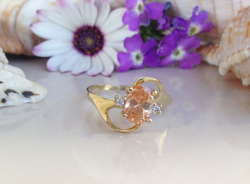 Citrine Ring - November Birthstone - Tiny Delicate Ring with Oval Citrine and Clear Quartz Accents - H.L.Jewelry