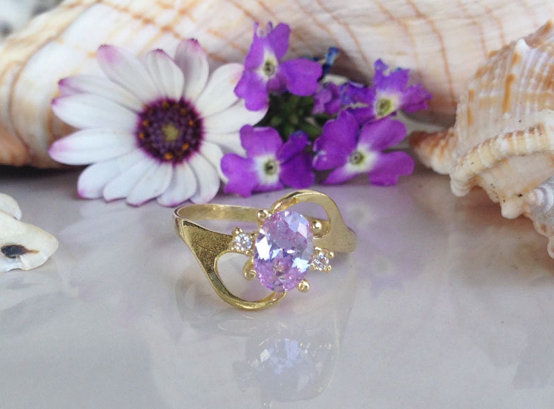 Lavender Amethyst Ring - Delicate Ring with Oval Lavender Amethyst Gemstone and Clear Quartz Accents - H.L.Jewelry