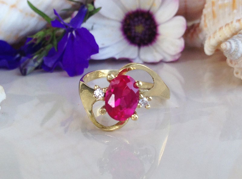 Ruby Ring - July Birthstone Jewelry - Delicate Ring with Oval Ruby Gemstone and Clear Quartz Accents - H.L.Jewelry