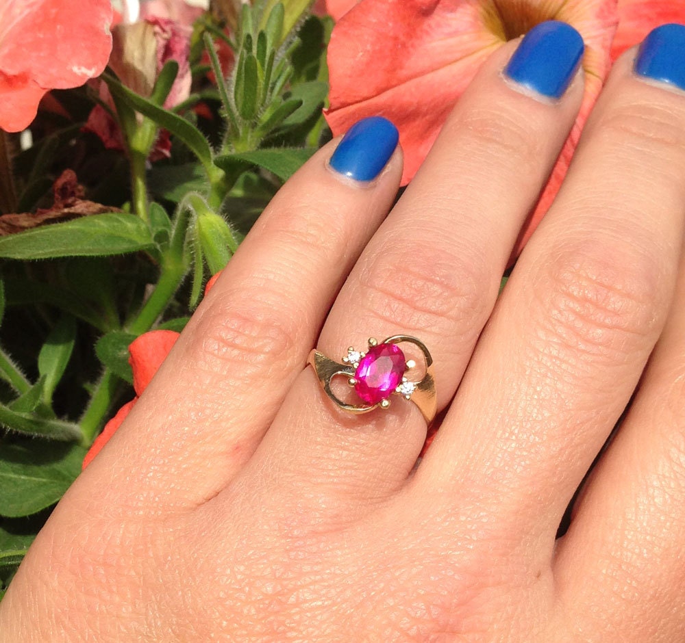 Ruby Ring - July Birthstone Jewelry - Delicate Ring with Oval Ruby Gemstone and Clear Quartz Accents - H.L.Jewelry