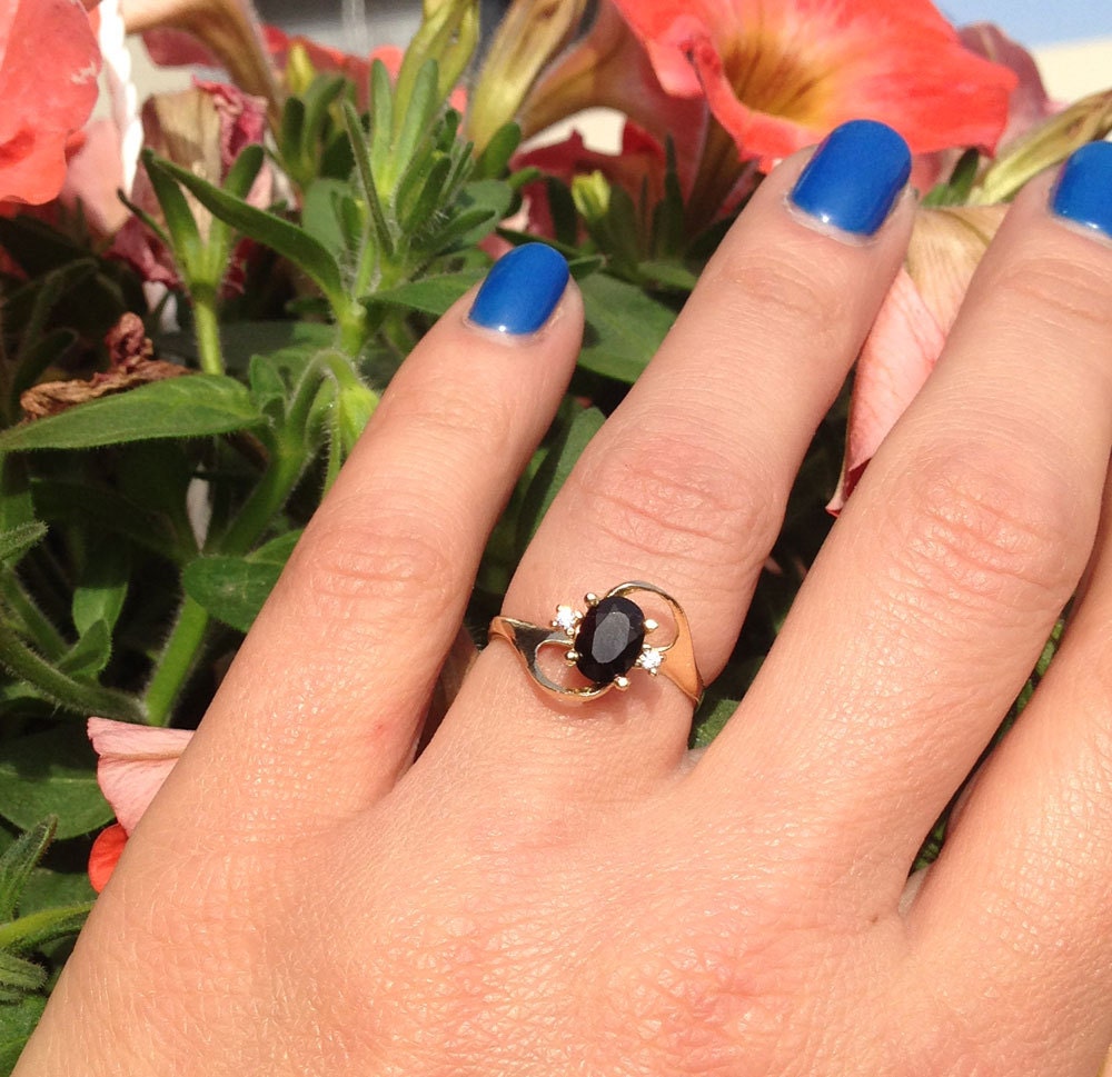 Black Onyx Ring - December Birthstone - Delicate Oval Black Onyx Ring with Clear Quartz Accents - H.L.Jewelry