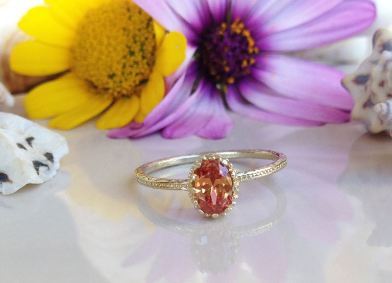 Citrine Ring - November Birthstone - Delicate Hammered Ring with Oval Citrine Gemstone - H.L.Jewelry