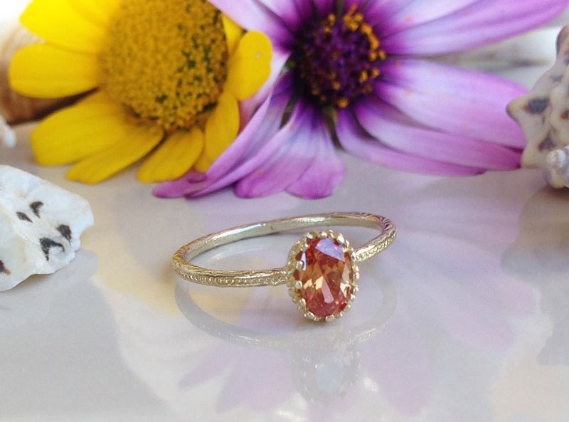 Citrine Ring - November Birthstone - Delicate Hammered Ring with Oval Citrine Gemstone - H.L.Jewelry