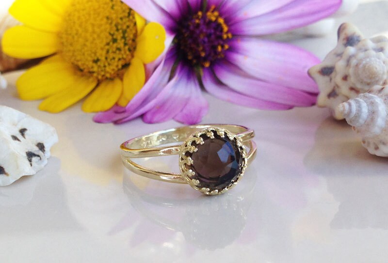 Smoky Quartz Ring - Gold Ring - Dainty Ring - Round Crown Ring - Smoky Topaz Ring - H.L.Jewelry