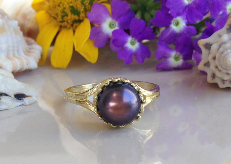 Black Pearl Ring - Simple Round Crown Black Pearl Ring - H.L.Jewelry