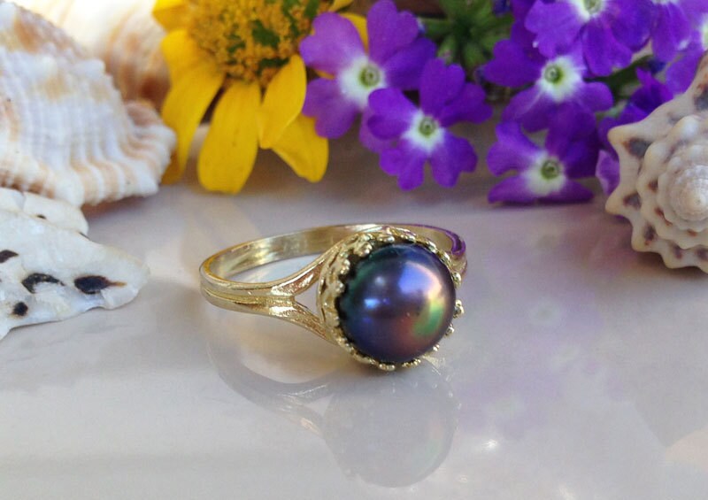 Black Pearl Ring - Simple Round Crown Black Pearl Ring - H.L.Jewelry