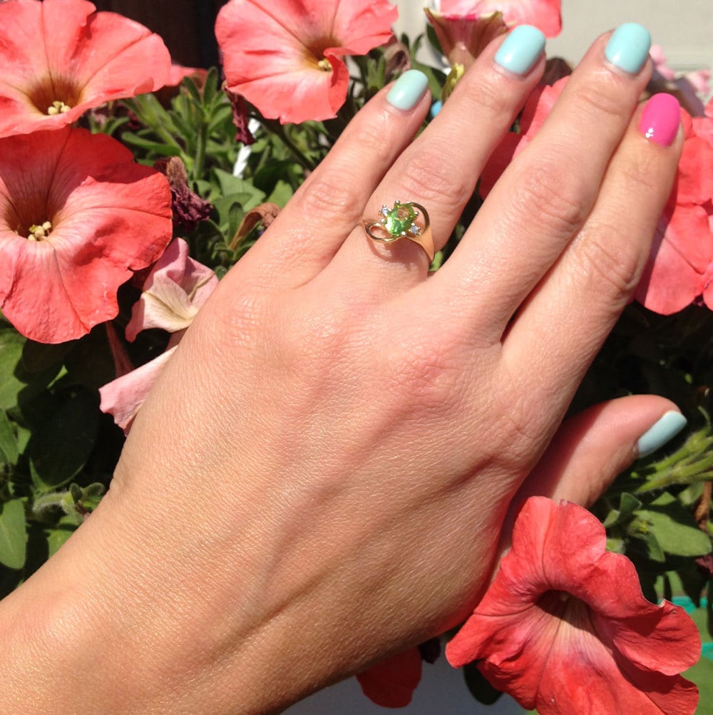 Peridot Ring - August Birthstone - Delicate Ring with Oval Peridot Gemstone and Clear Quartz Accents - H.L.Jewelry