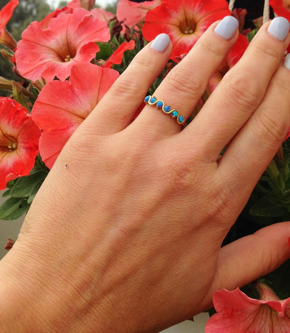 Blue Opal Ring - October Birthstone - Simple Stacking Ring with Five Blue Opal Gemstones - H.L.Jewelry